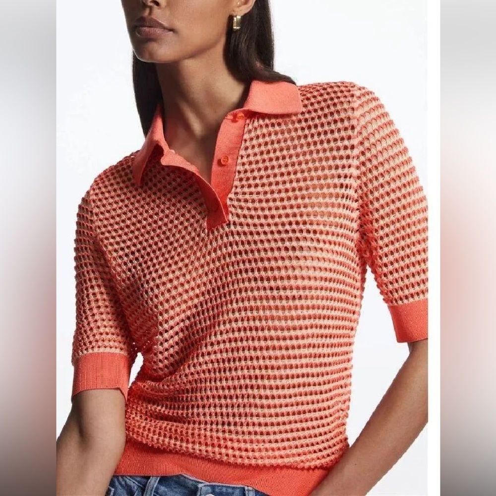 COS Open-Knit Fishnet Polo Shirt Size Small Orange Bottega Veneta look alike